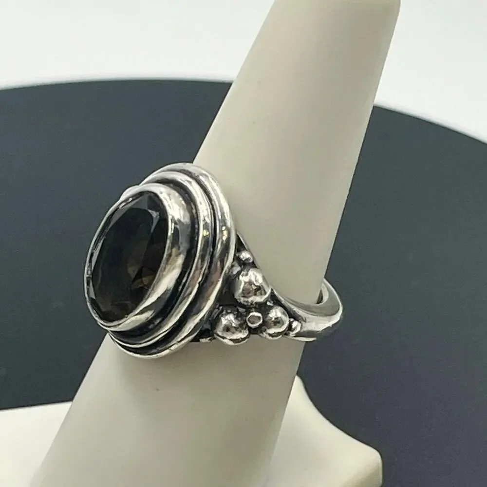 Sterling Silver Artisan Oval Shaped Bezel Set‎ Smoky Quartz Stone Ring Sz 7.75